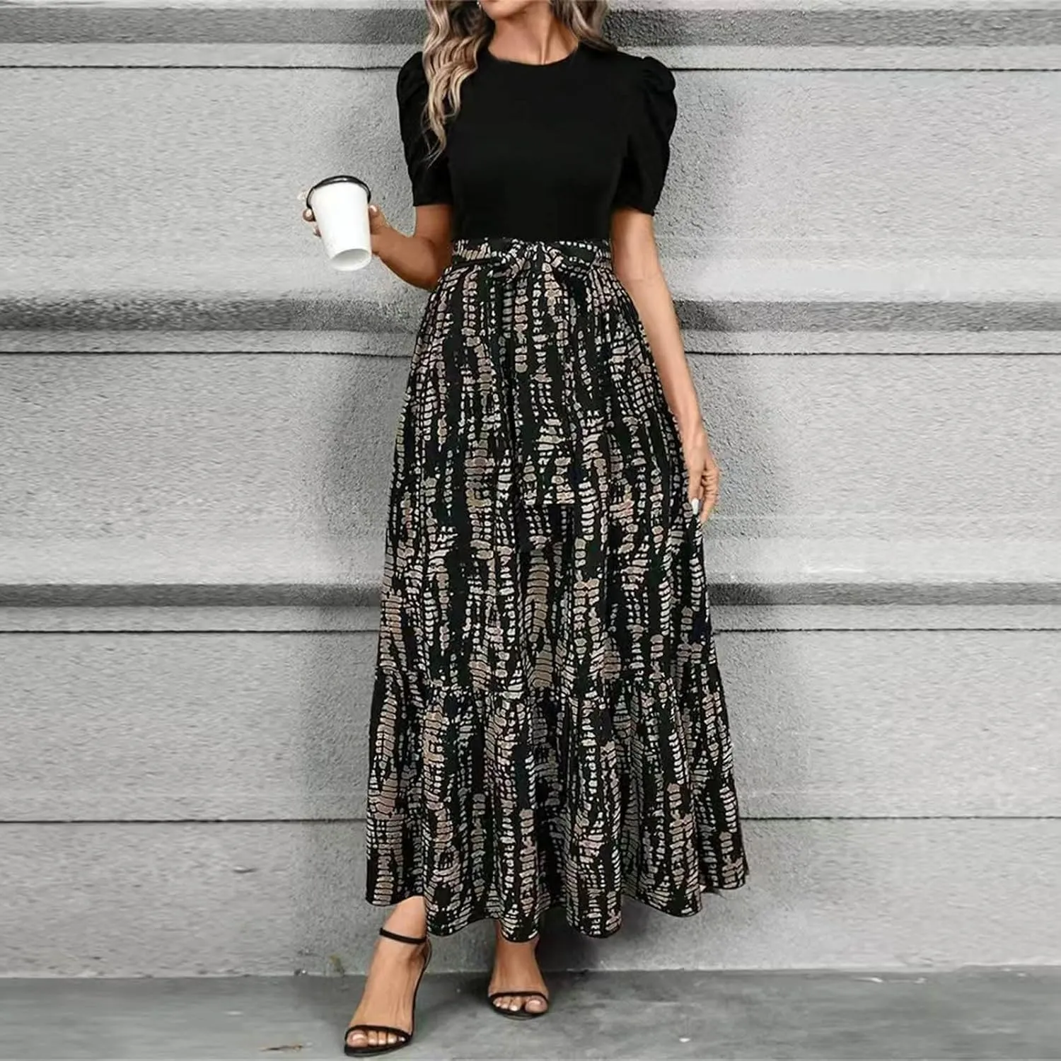 Summer Dresses for Women Casual A-Line Maxi Dress Elegant Flowy Long Dress High Waist Floral Printrd Dress with Belt