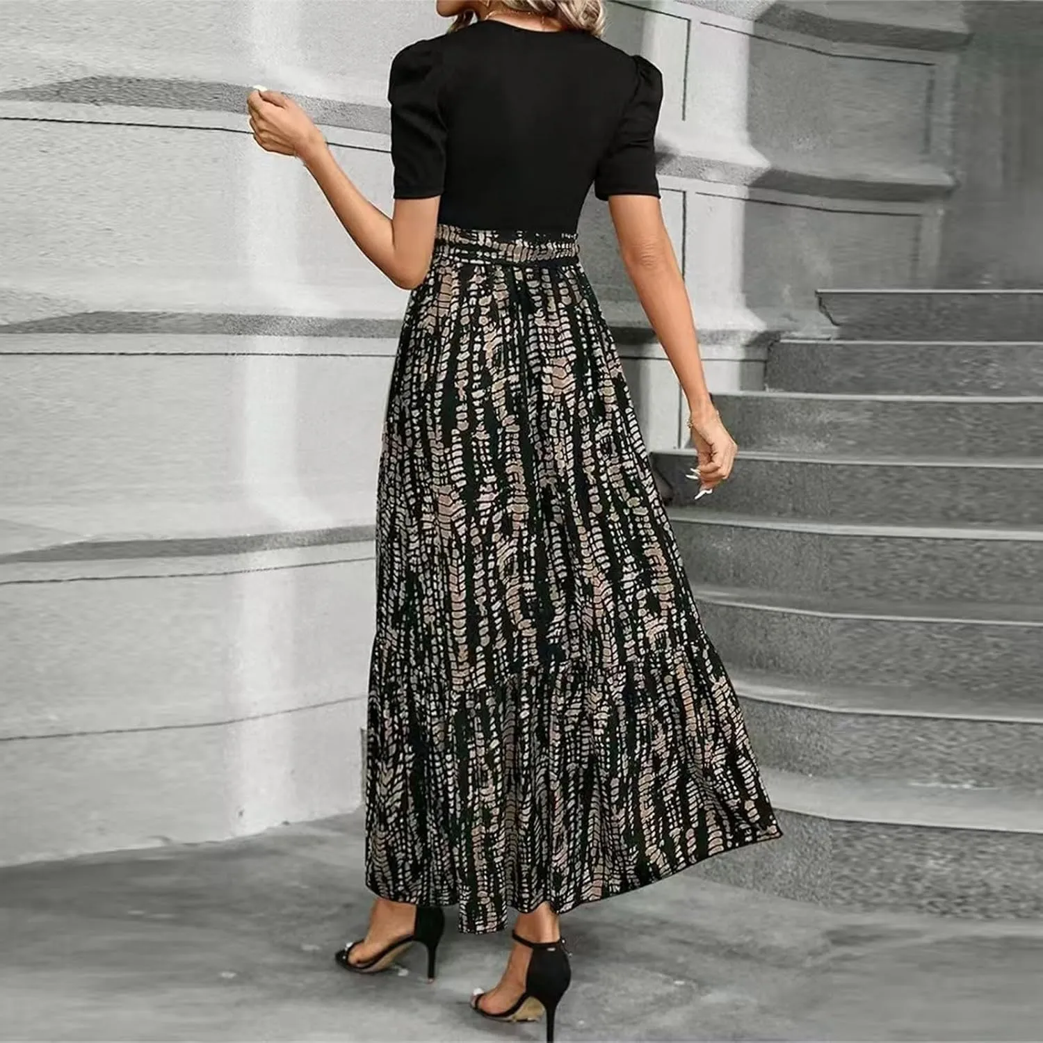 Summer Dresses for Women Casual A-Line Maxi Dress Elegant Flowy Long Dress High Waist Floral Printrd Dress with Belt