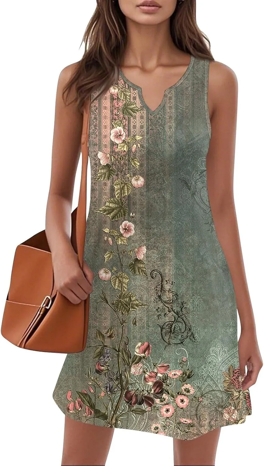 Summer Dresses for Women V Neck Sundresses Casual Beach Tank Dress Floral T Shirt Dresses Loose Sleeveless Sleep Dress