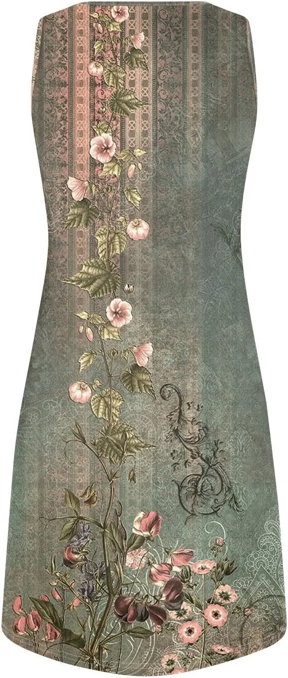 Summer Dresses for Women V Neck Sundresses Casual Beach Tank Dress Floral T Shirt Dresses Loose Sleeveless Sleep Dress