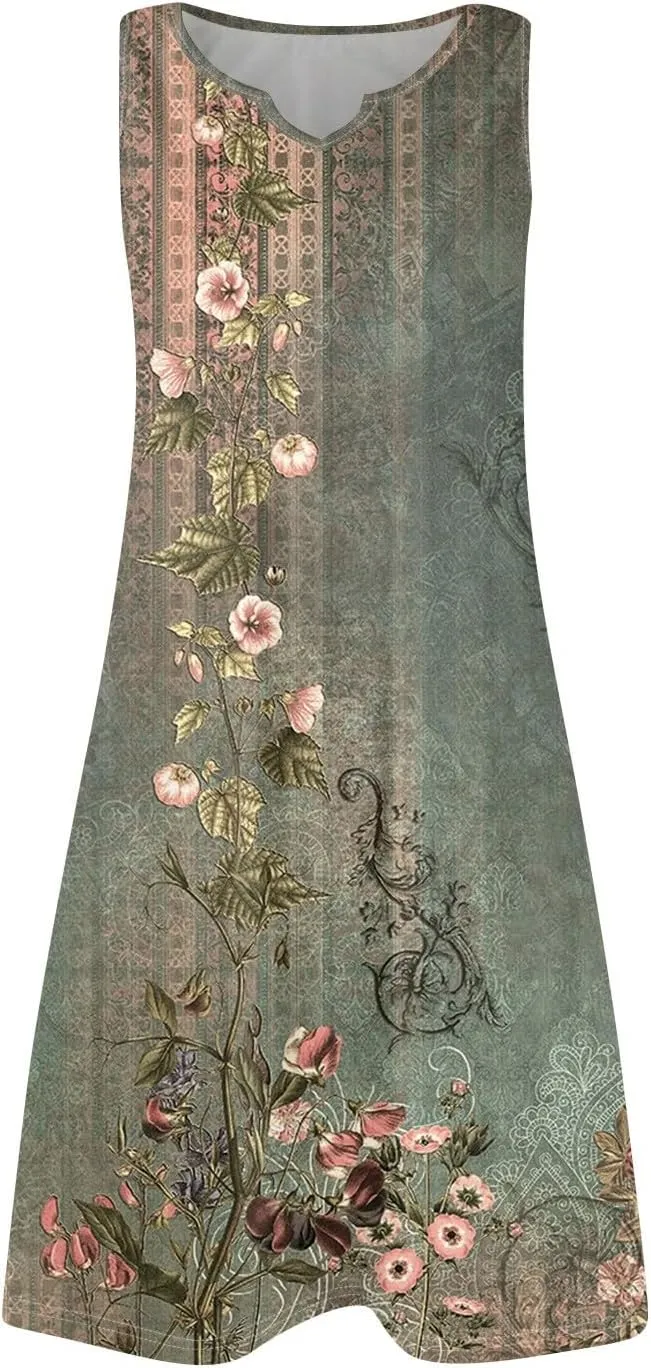 Summer Dresses for Women V Neck Sundresses Casual Beach Tank Dress Floral T Shirt Dresses Loose Sleeveless Sleep Dress