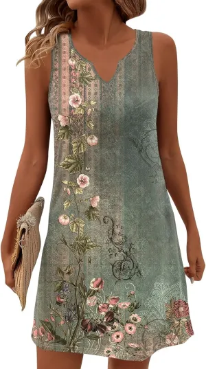 Summer Dresses for Women V Neck Sundresses Casual Beach Tank Dress Floral T Shirt Dresses Loose Sleeveless Sleep Dress