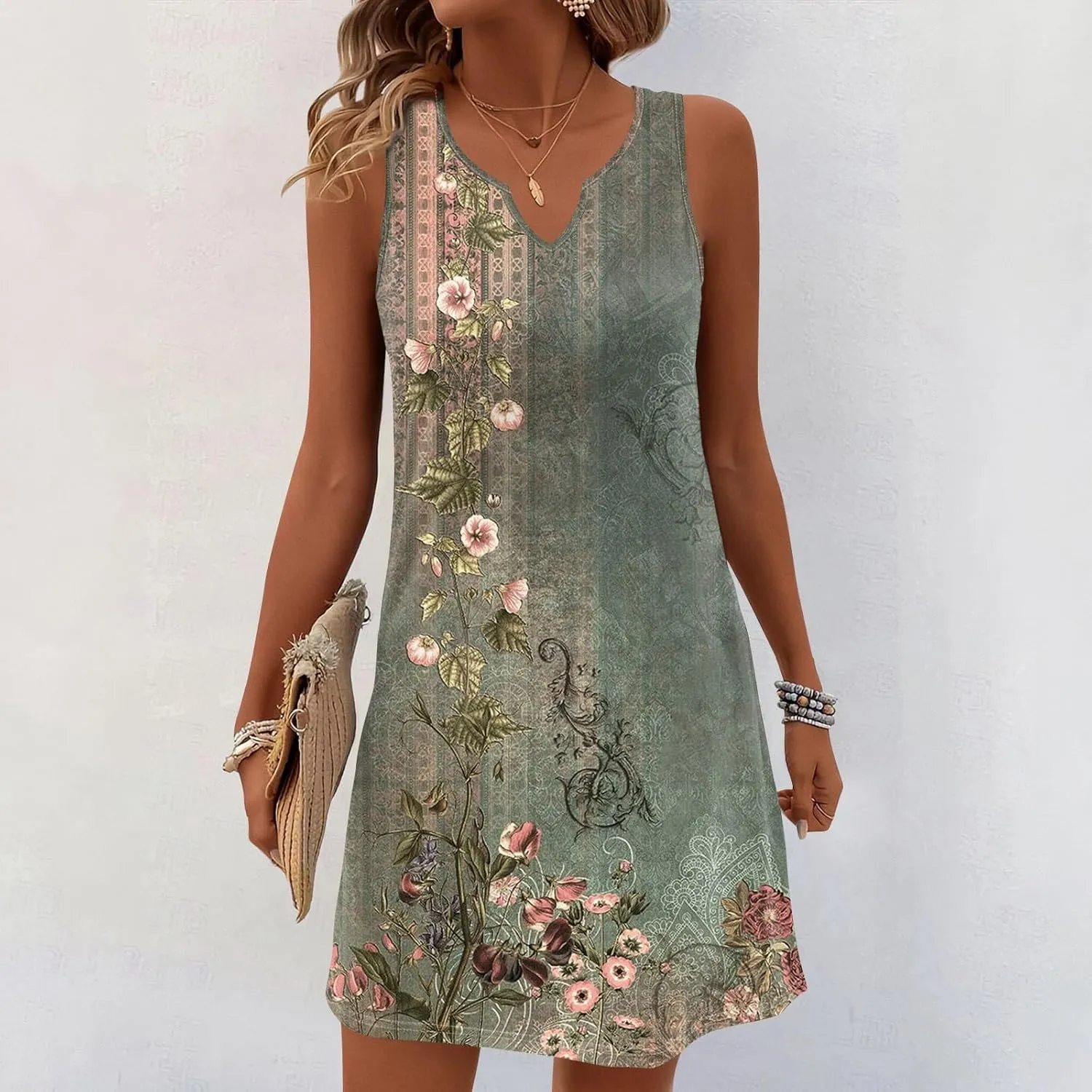 Summer Dresses for Women V Neck Sundresses Casual Beach Tank Dress Floral T Shirt Dresses Loose Sleeveless Sleep Dress