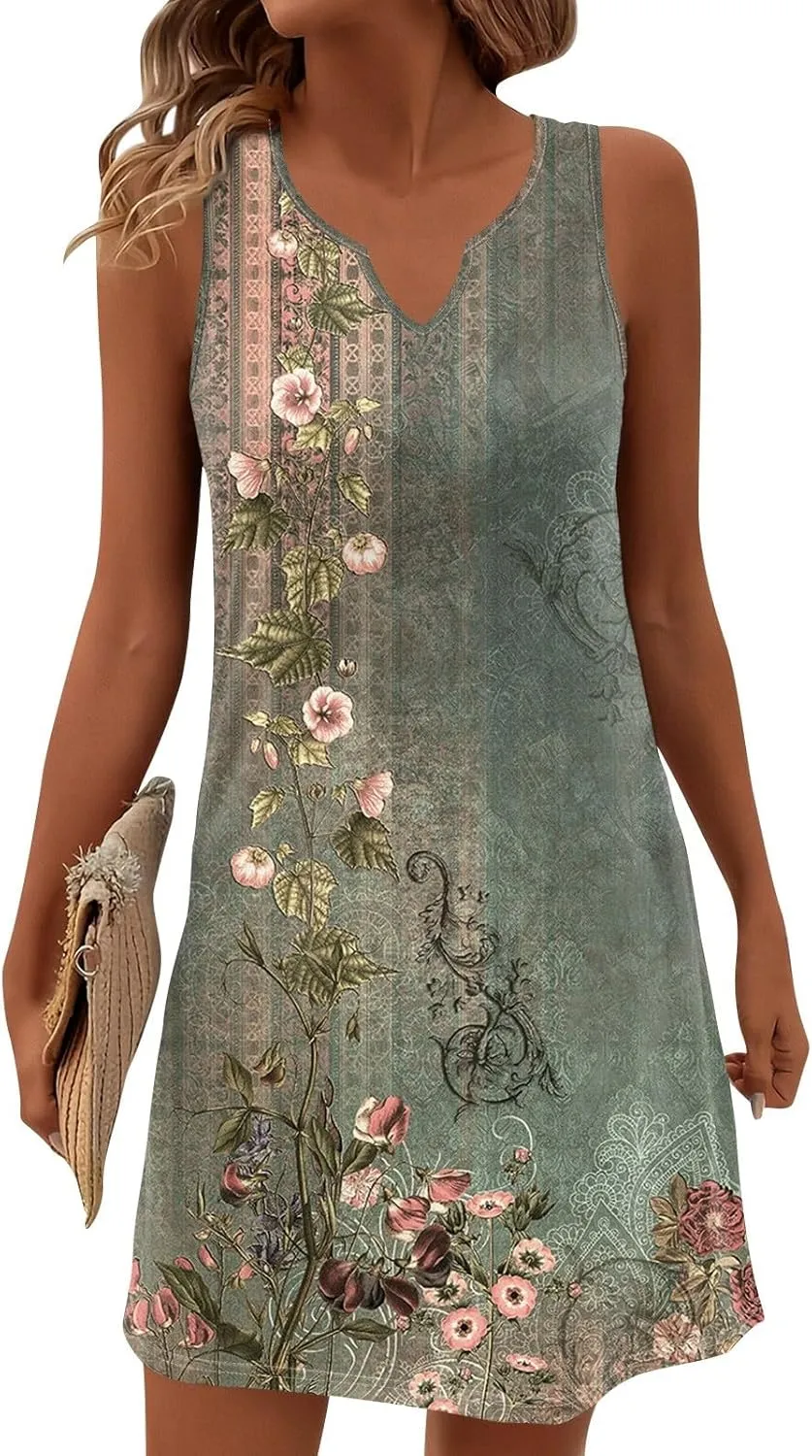 Summer Dresses for Women V Neck Sundresses Casual Beach Tank Dress Floral T Shirt Dresses Loose Sleeveless Sleep Dress