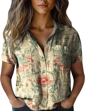 Summer Tops for Women 2025 Trendy V Neck Collared Button-up Gauze Blouses Colorful Vintage Boho Shirts Fashion 2025