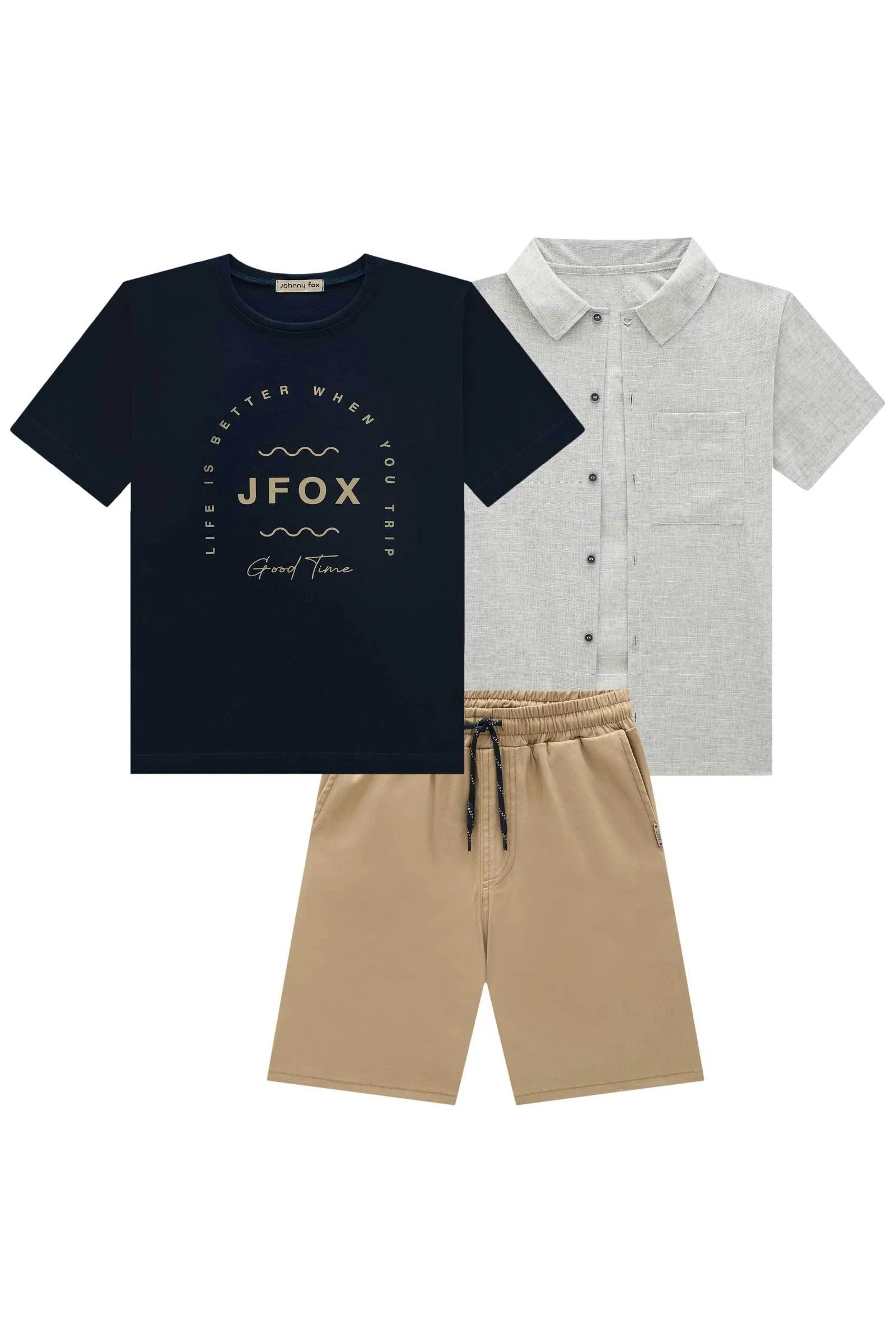 Trio de Camisa em Tecido Verano Milano Camiseta em Meia Malha e Bermuda em Sarja Stretch  78635 Johnny Fox
