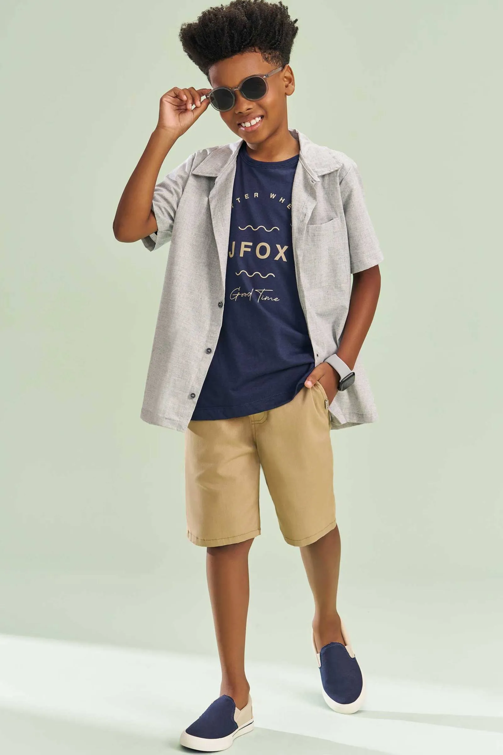 Trio de Camisa em Tecido Verano Milano Camiseta em Meia Malha e Bermuda em Sarja Stretch  78635 Johnny Fox