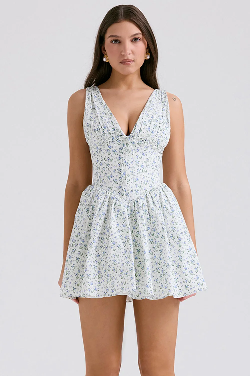 Vestido Curto Modelador Algodão Floral Modelo Fabrizia