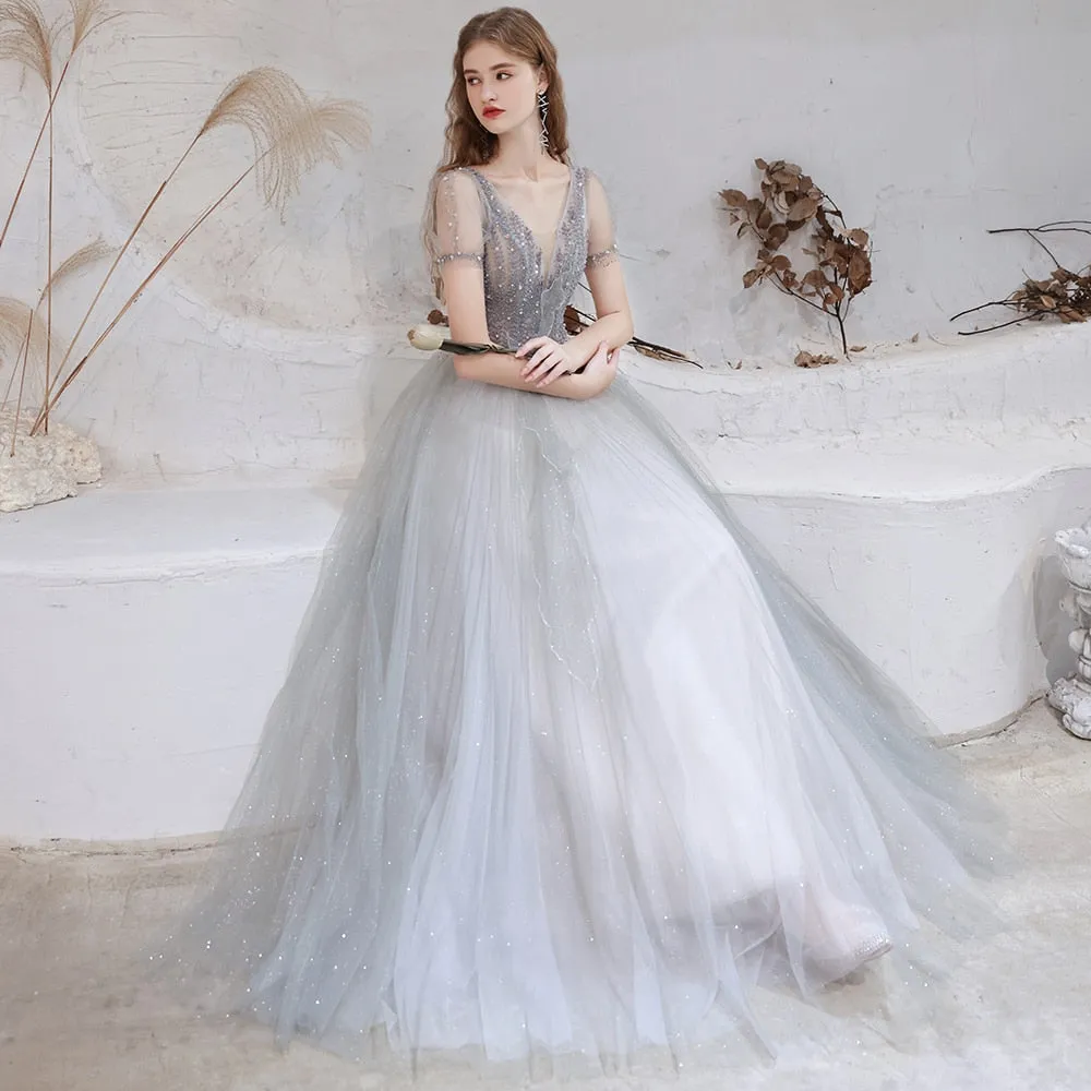 Vestido de Festa Longo em Renda Prateado