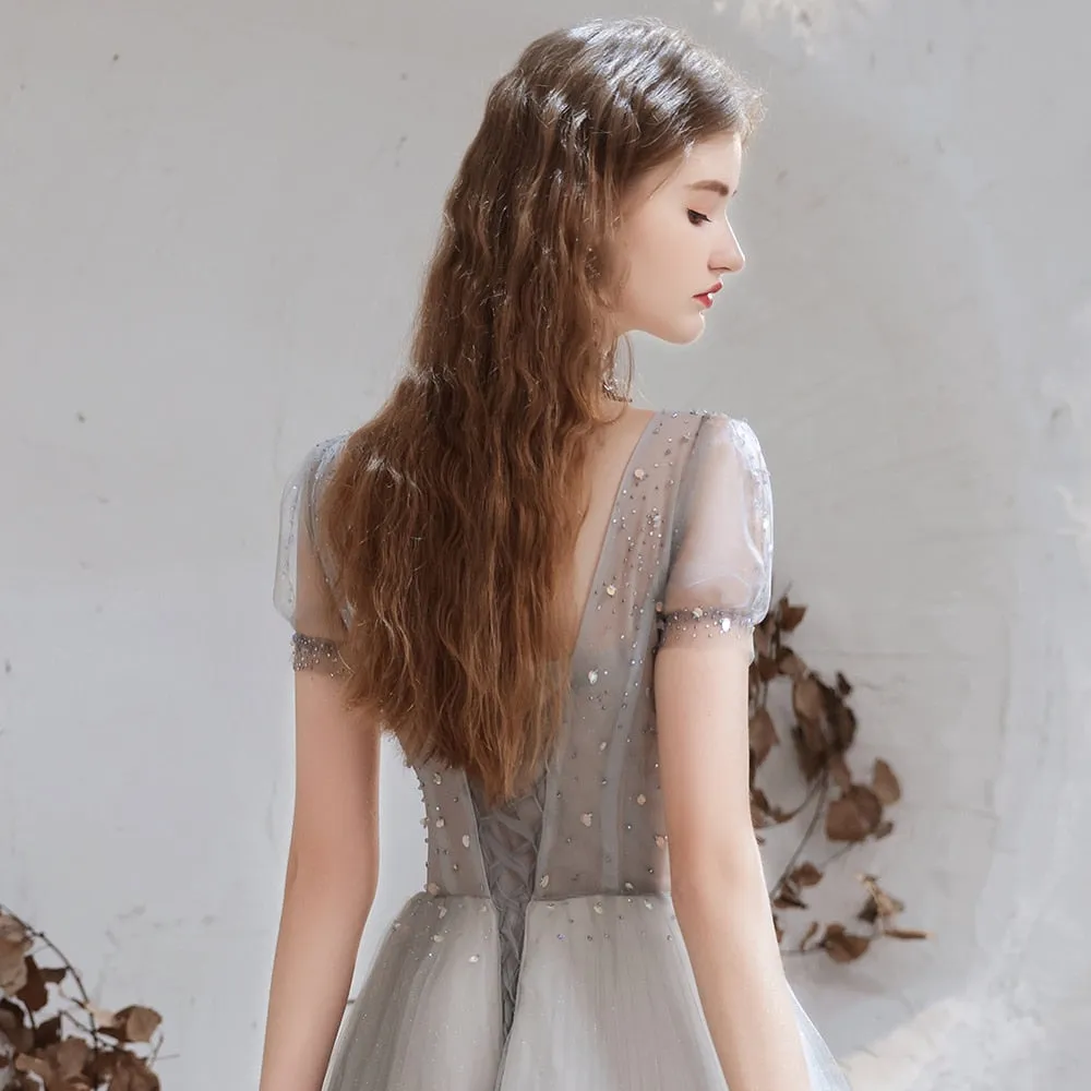 Vestido de Festa Longo em Renda Prateado