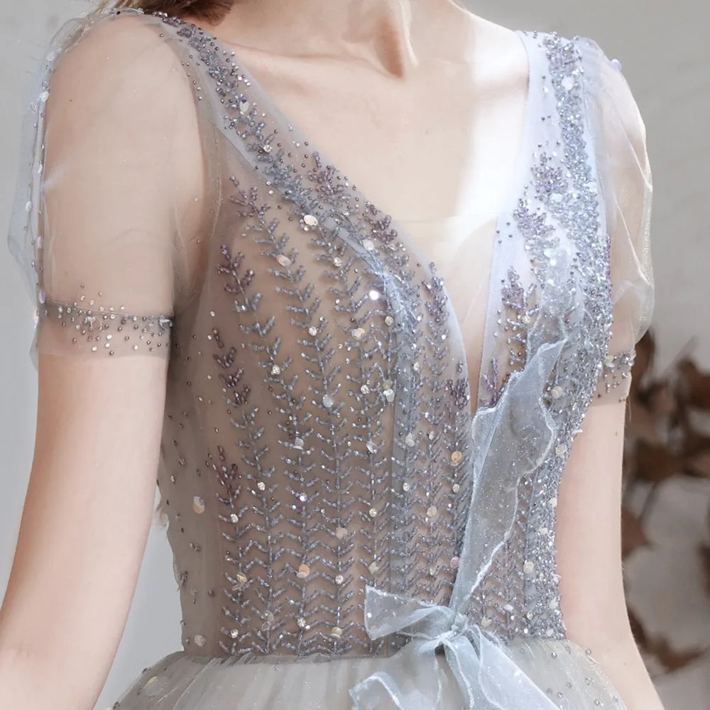 Vestido de Festa Longo em Renda Prateado