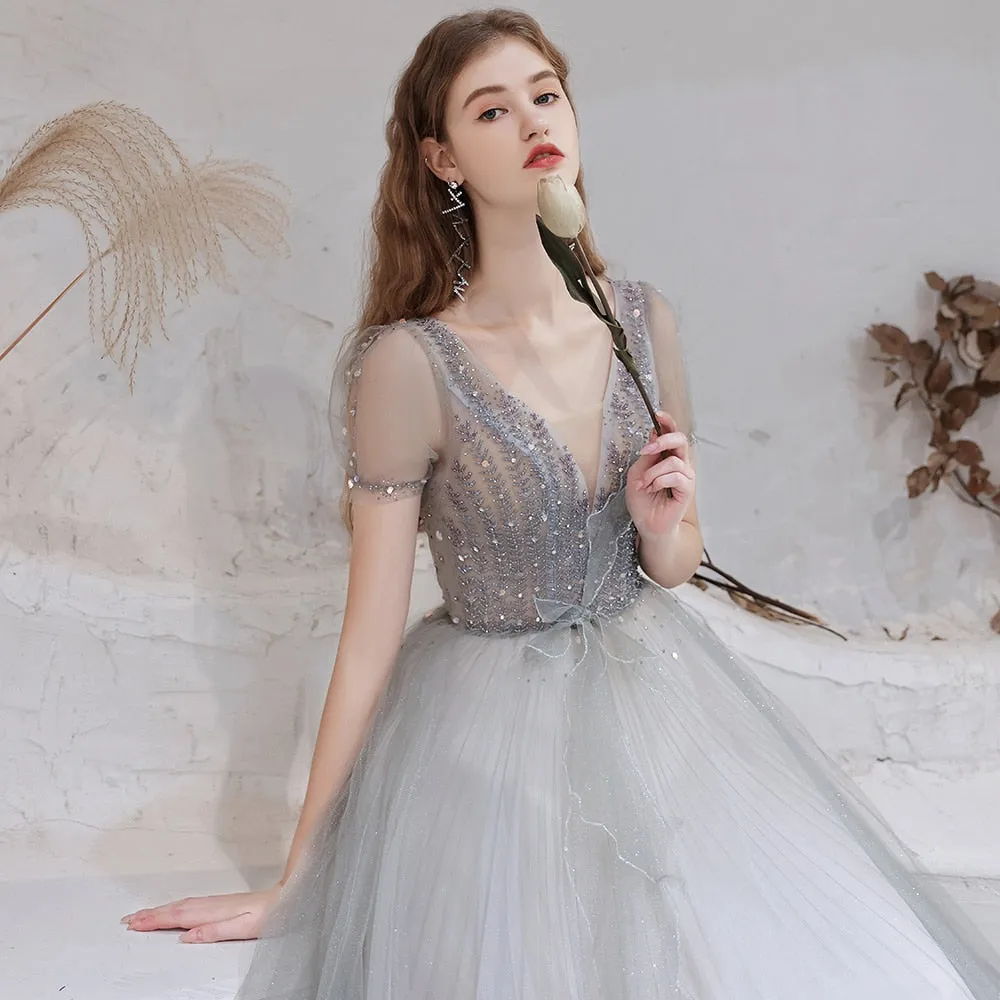 Vestido de Festa Longo em Renda Prateado