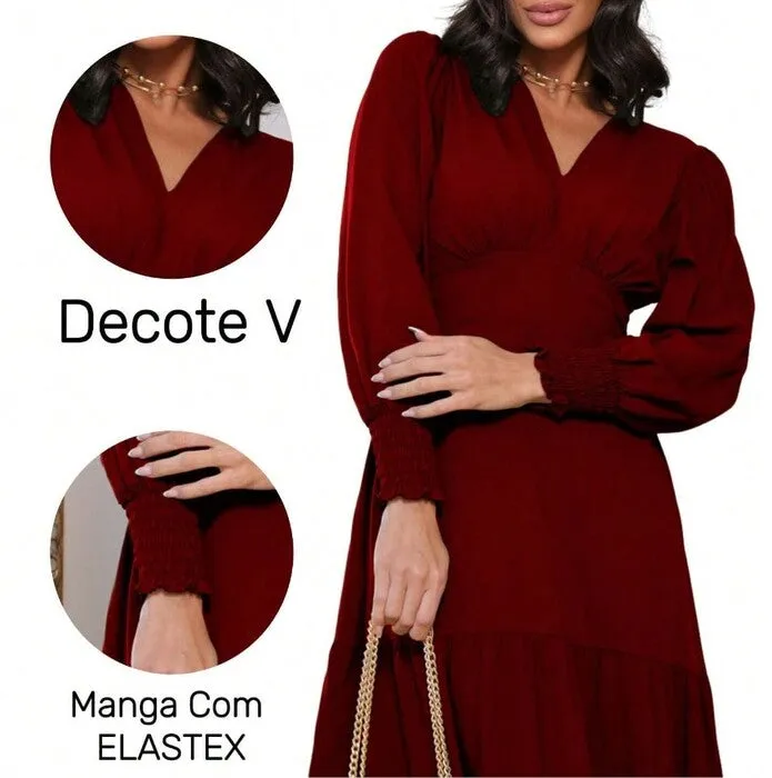 Vestido de Festa Longo Manga Longa Decote V