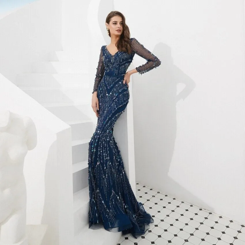 Vestido de Festa Longo Sereia Luxo Decorado com Brilhos e Pedraria - Modelo Especial