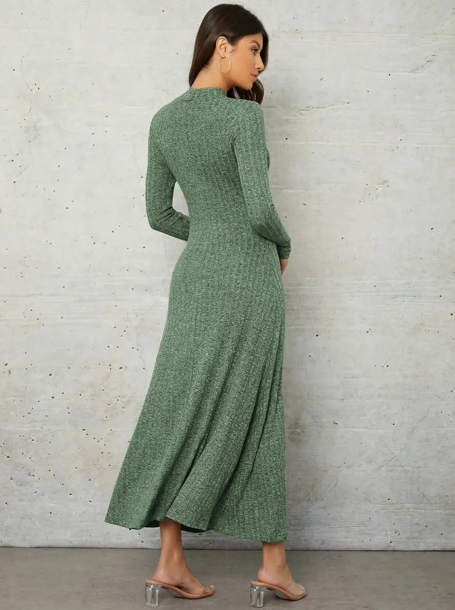 Vestido Midi Tricot Manga Longa Evasê