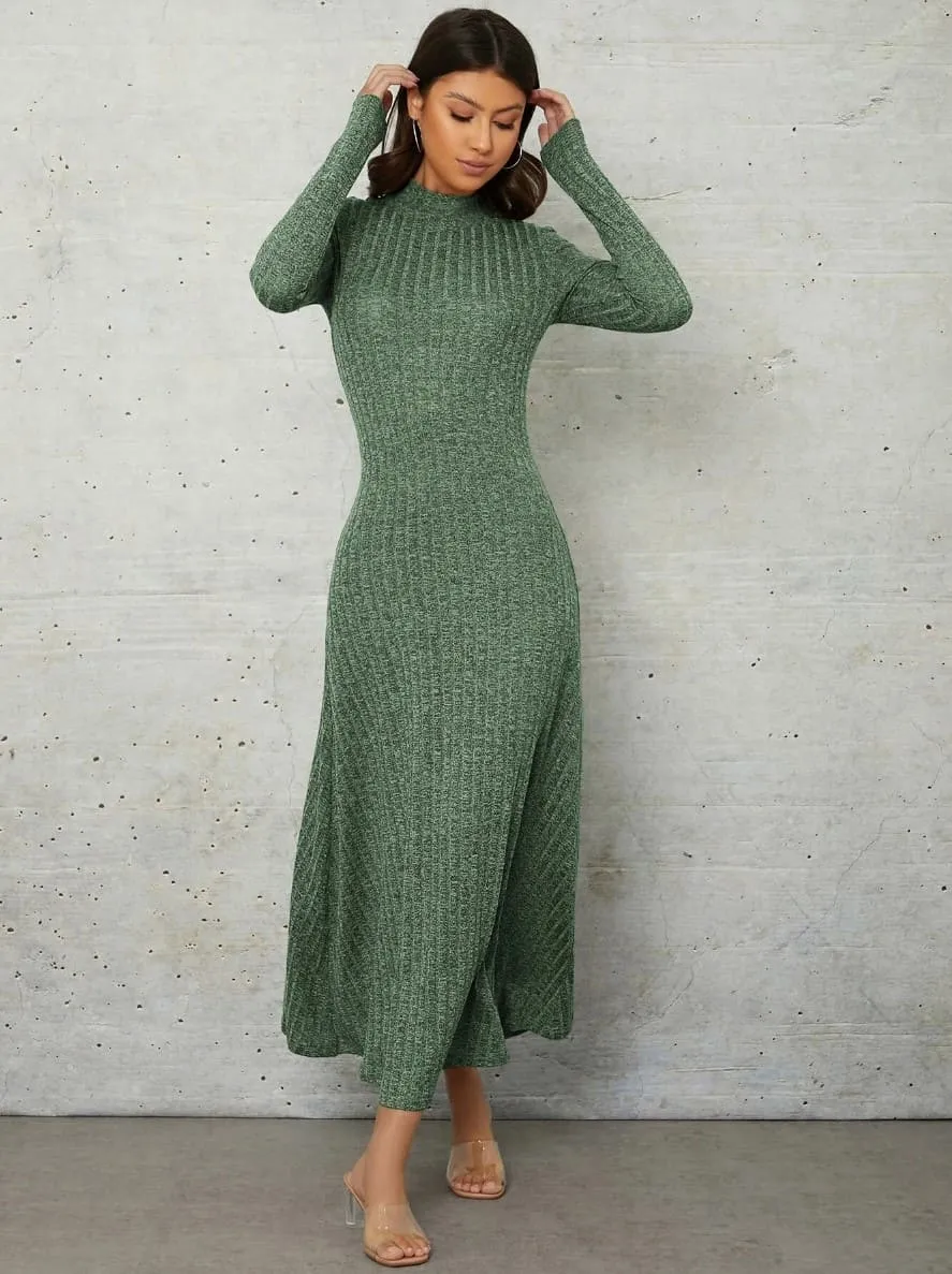 Vestido Midi Tricot Manga Longa Evasê