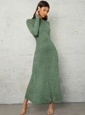 Vestido Midi Tricot Manga Longa Evasê