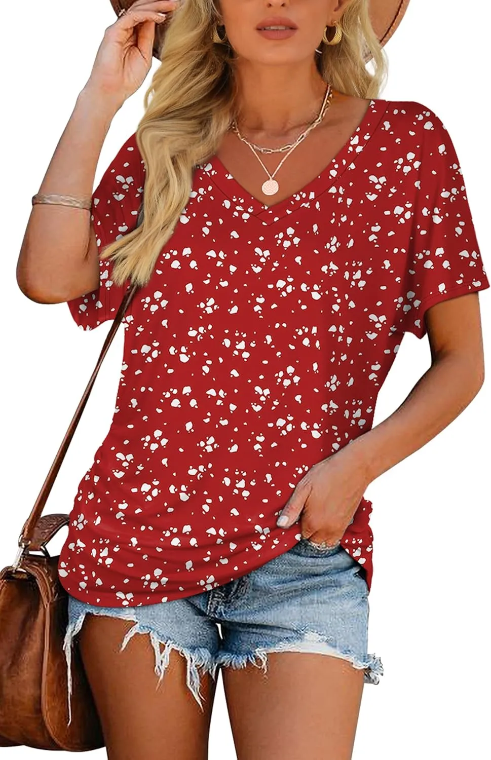 WIHOLL Womens Short Sleeve V Neck Dolman Tops with Side Shirring Loose Fit Shirts