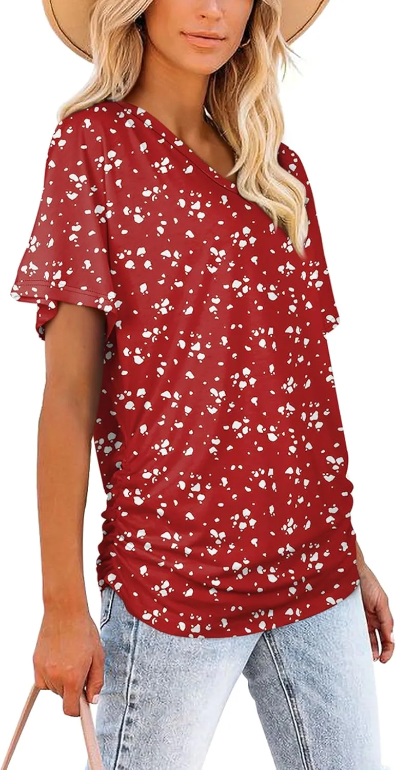 WIHOLL Womens Short Sleeve V Neck Dolman Tops with Side Shirring Loose Fit Shirts