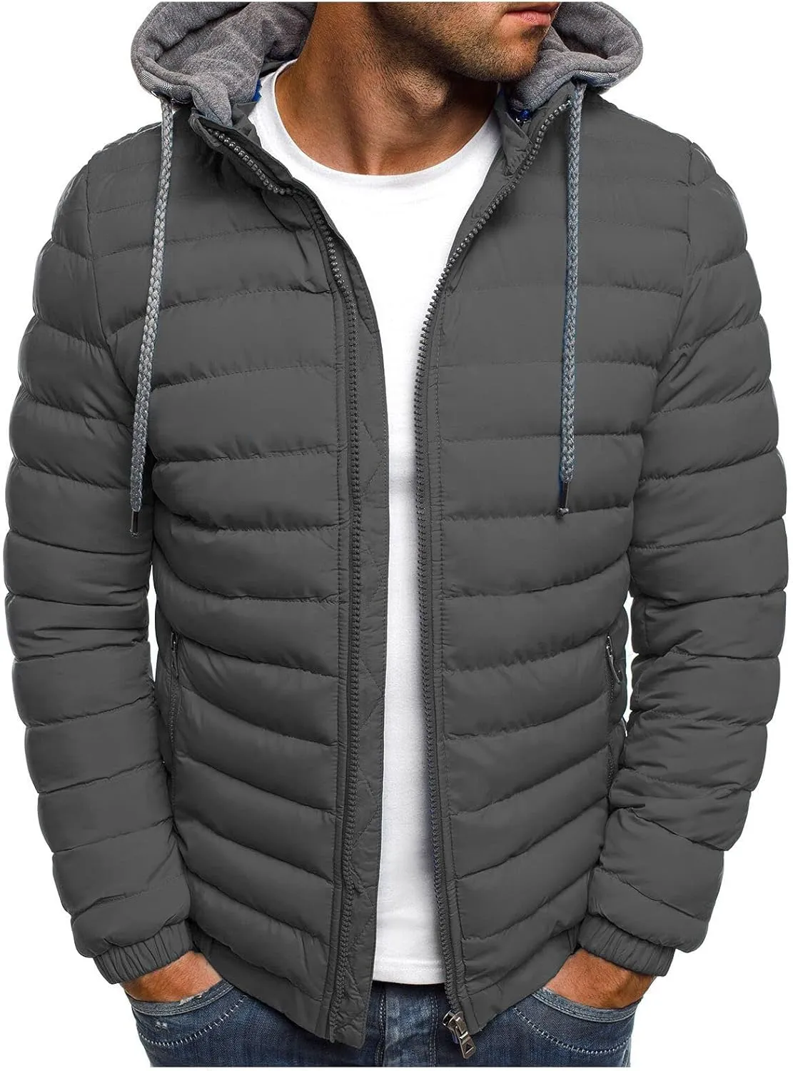 Winter Jackets for Men Lightweight Puffer Jacket with Hood Full Zip Up Padded Coat Packable Quilted Down Jacket