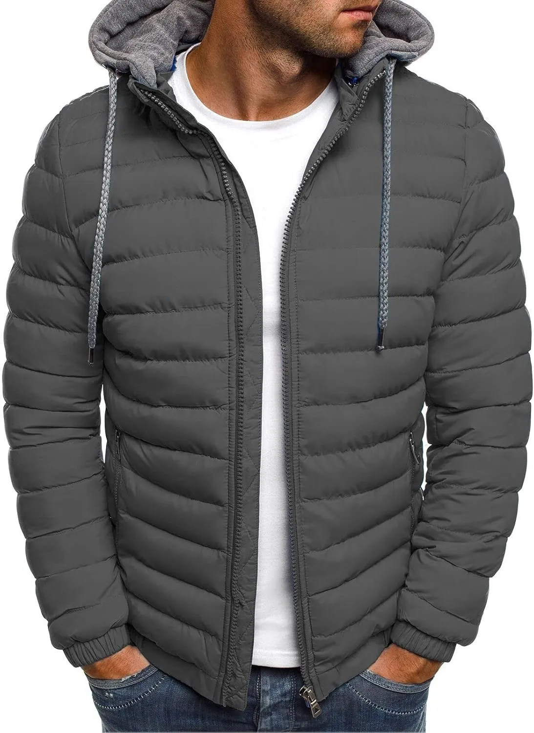 Winter Jackets for Men Lightweight Puffer Jacket with Hood Full Zip Up Padded Coat Packable Quilted Down Jacket