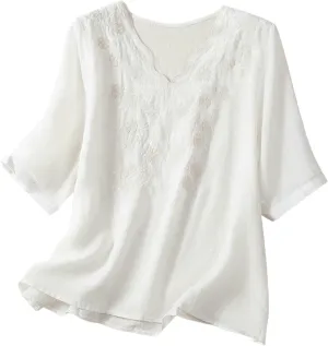 Women Cotton Linen Tops Vintage Floral Embroidered Gauze Shirts Summer Casual 3/4 Sleeve V Neck Baggy Boho Blouse