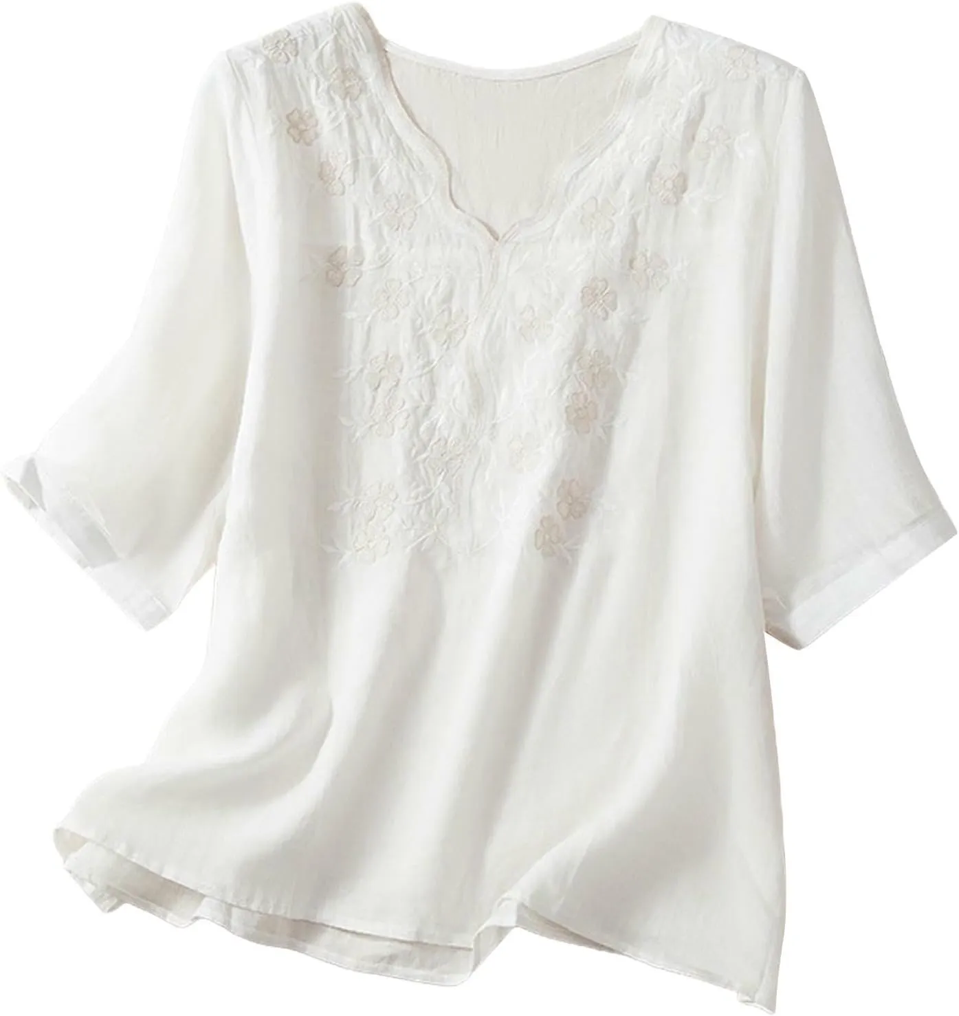 Women Cotton Linen Tops Vintage Floral Embroidered Gauze Shirts Summer Casual 3/4 Sleeve V Neck Baggy Boho Blouse