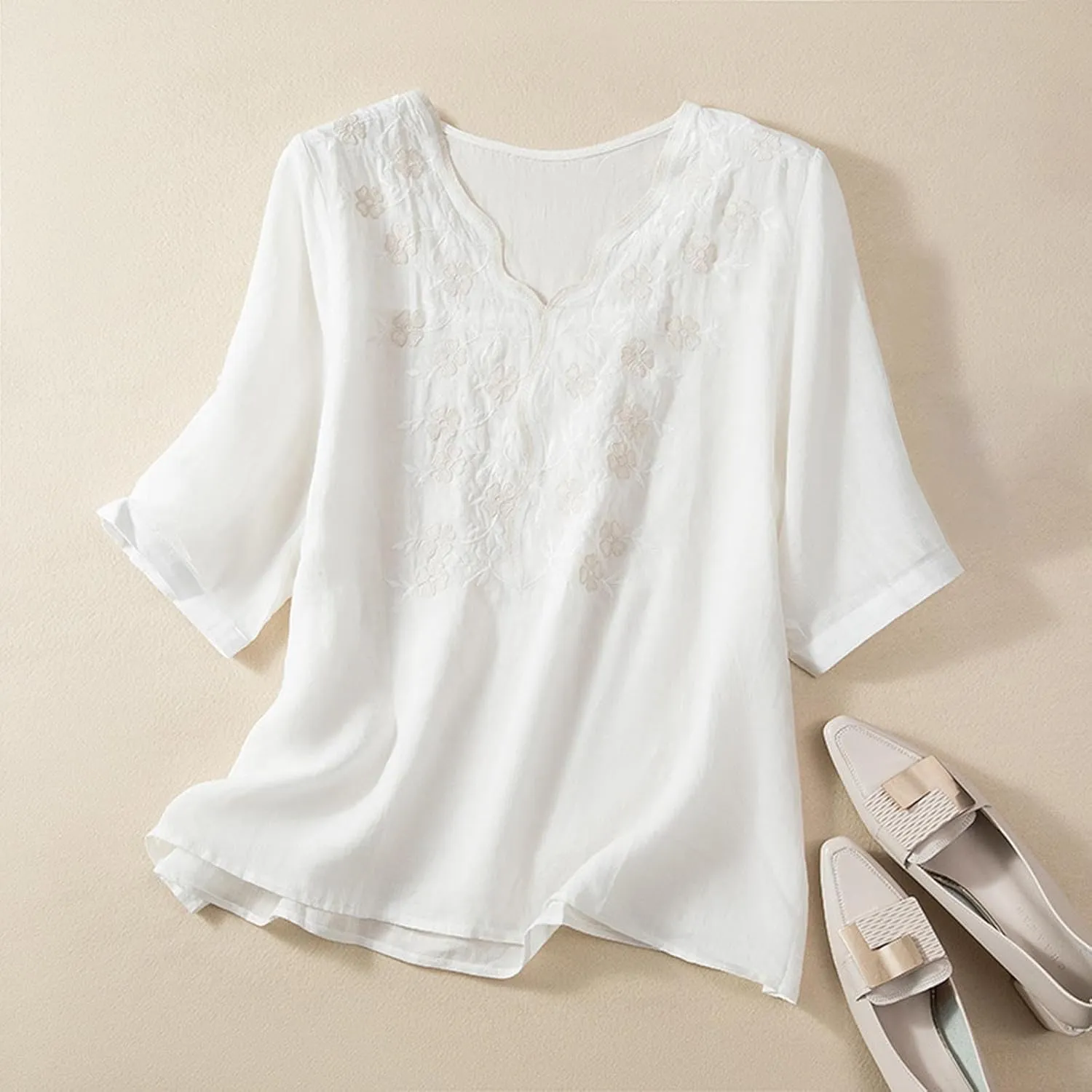 Women Cotton Linen Tops Vintage Floral Embroidered Gauze Shirts Summer Casual 3/4 Sleeve V Neck Baggy Boho Blouse