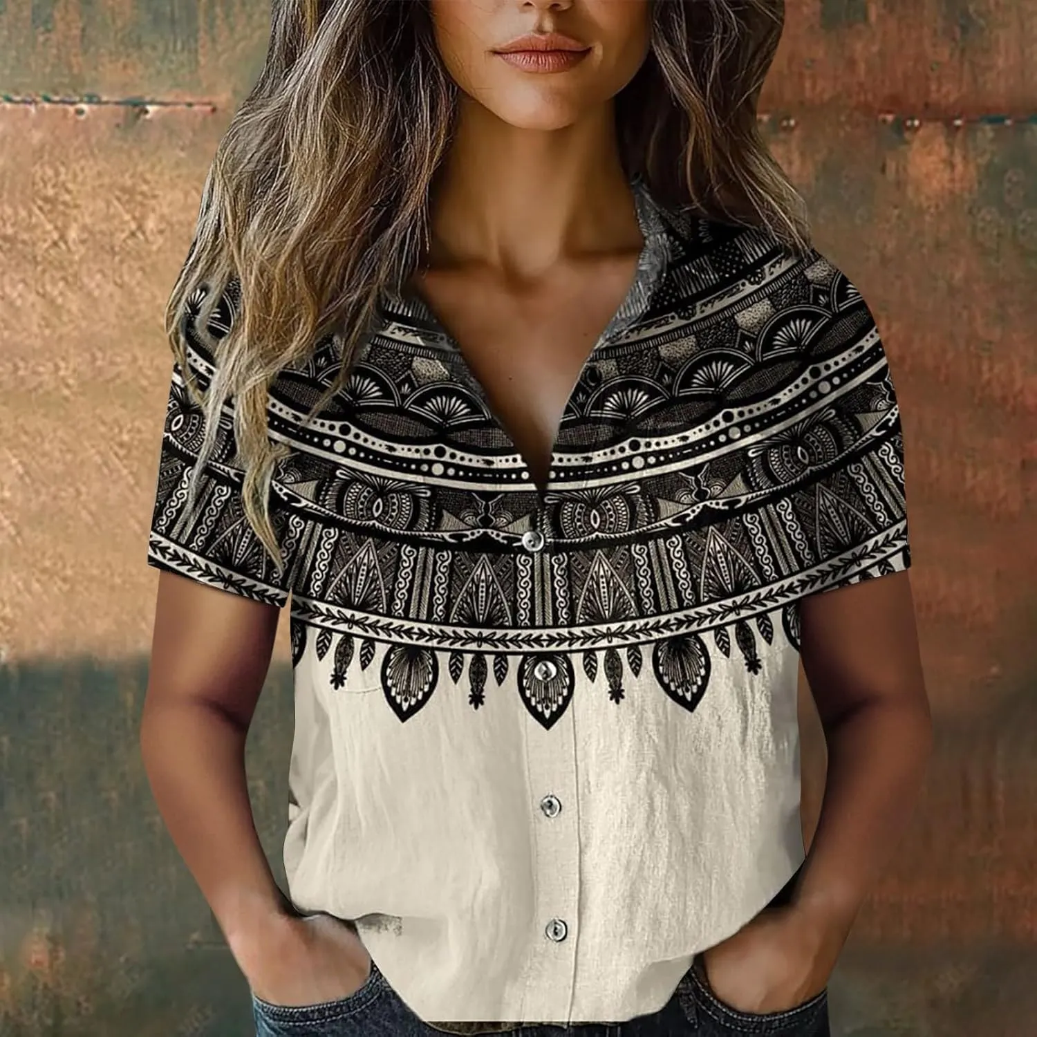 Women Linen Shirts Button Down Vintage Boho Paisley Print Breathable V Neck Collared Gauze Tops Fashion Lightweight 2025