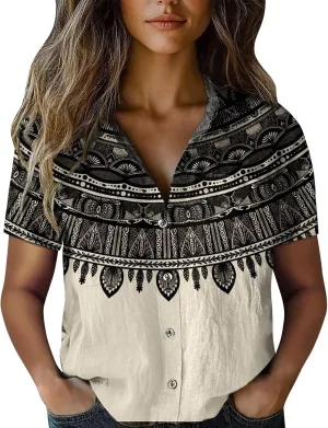 Women Linen Shirts Button Down Vintage Boho Paisley Print Breathable V Neck Collared Gauze Tops Fashion Lightweight 2025