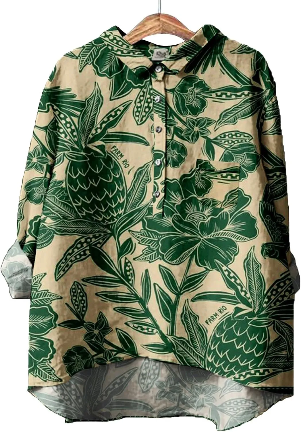 Women Long Sleeve Beach Shirt Printed Loose Fit Tee Tops Lapel Neck Button Blouses Long Sleeves Casual Outfits for