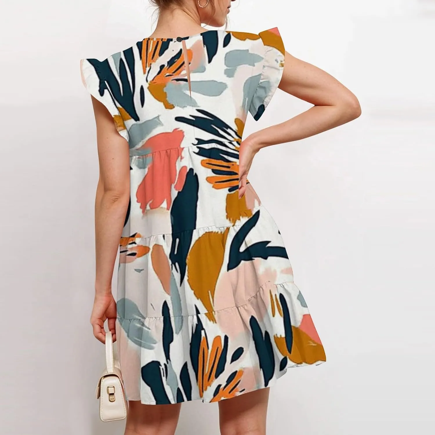 Womens 2025 Floral Summer Dress Crewneck Ruffled Hem Geometric Print Sundress with Stretchy Waist Beach Vacations