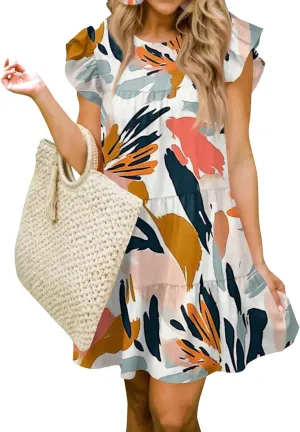 Womens 2025 Floral Summer Dress Crewneck Ruffled Hem Geometric Print Sundress with Stretchy Waist Beach Vacations