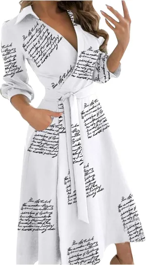 Women's 3/4 Sleeve Spring Summer Dress Wide Collar V Neck Faux Wrap Aline Casual Short Sleeve Work Dresses