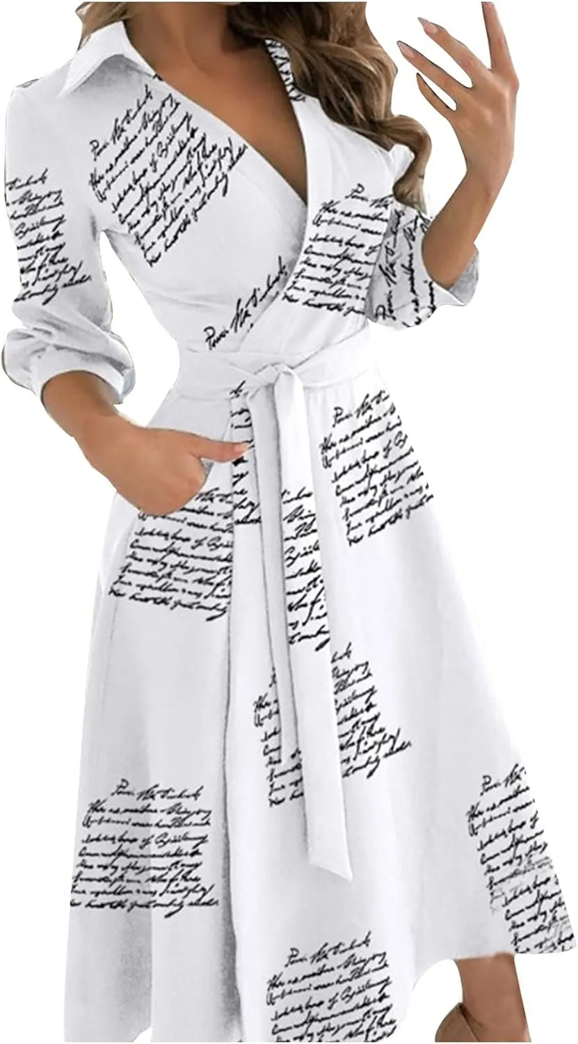 Women's 3/4 Sleeve Spring Summer Dress Wide Collar V Neck Faux Wrap Aline Casual Short Sleeve Work Dresses
