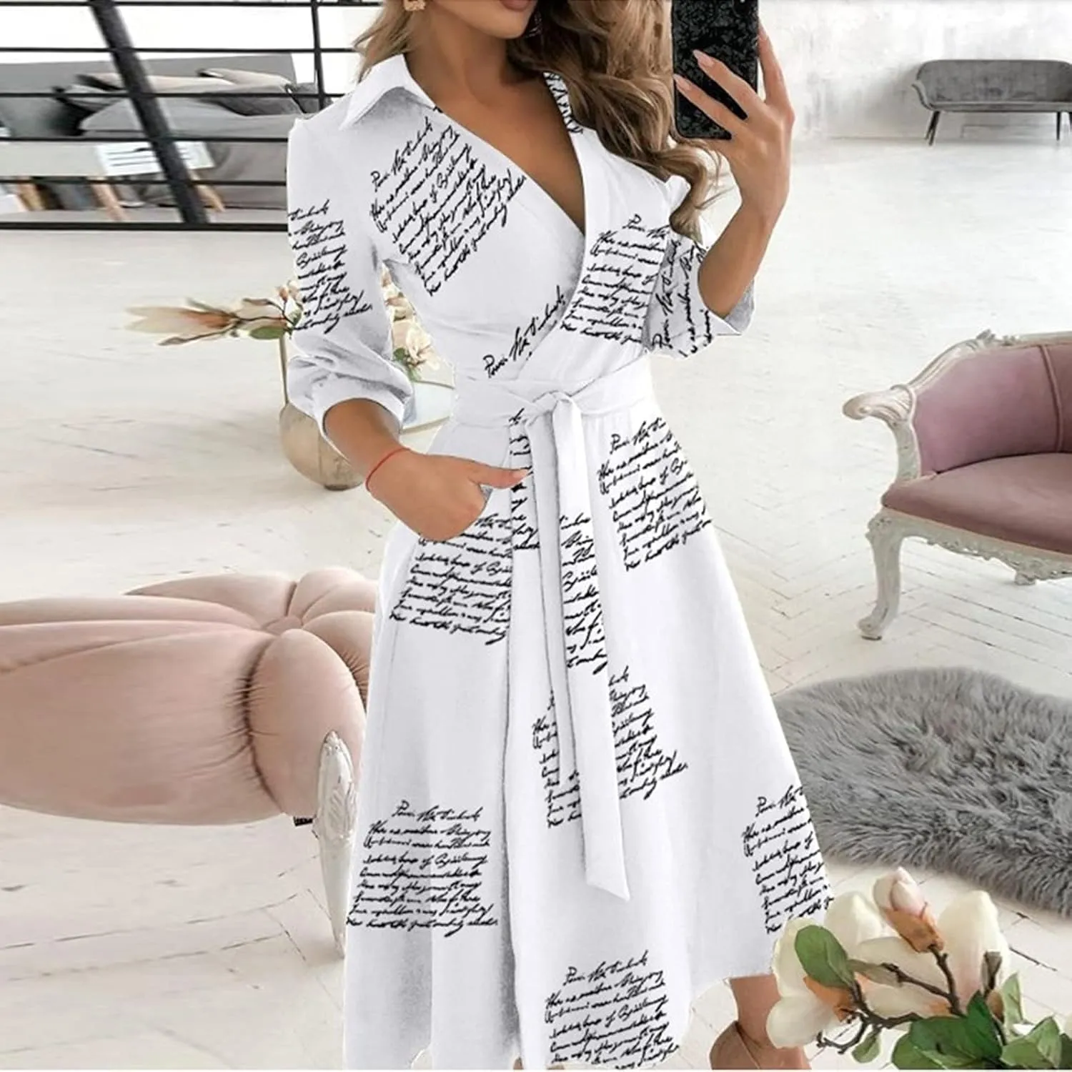 Women's 3/4 Sleeve Spring Summer Dress Wide Collar V Neck Faux Wrap Aline Casual Short Sleeve Work Dresses