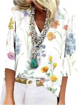 Women's 3/4 Sleeve Tops Fall V-Neck Trendy Shirt 2025 Fashion Tshirt Print Soft Daily Blouse Loose Tunic