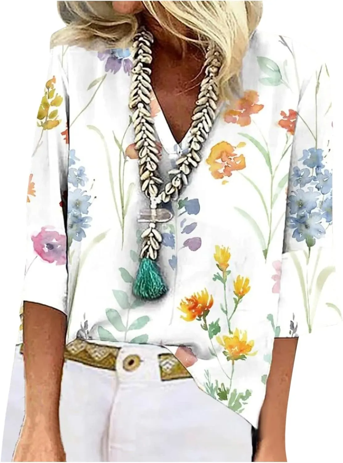 Women's 3/4 Sleeve Tops Fall V-Neck Trendy Shirt 2025 Fashion Tshirt Print Soft Daily Blouse Loose Tunic