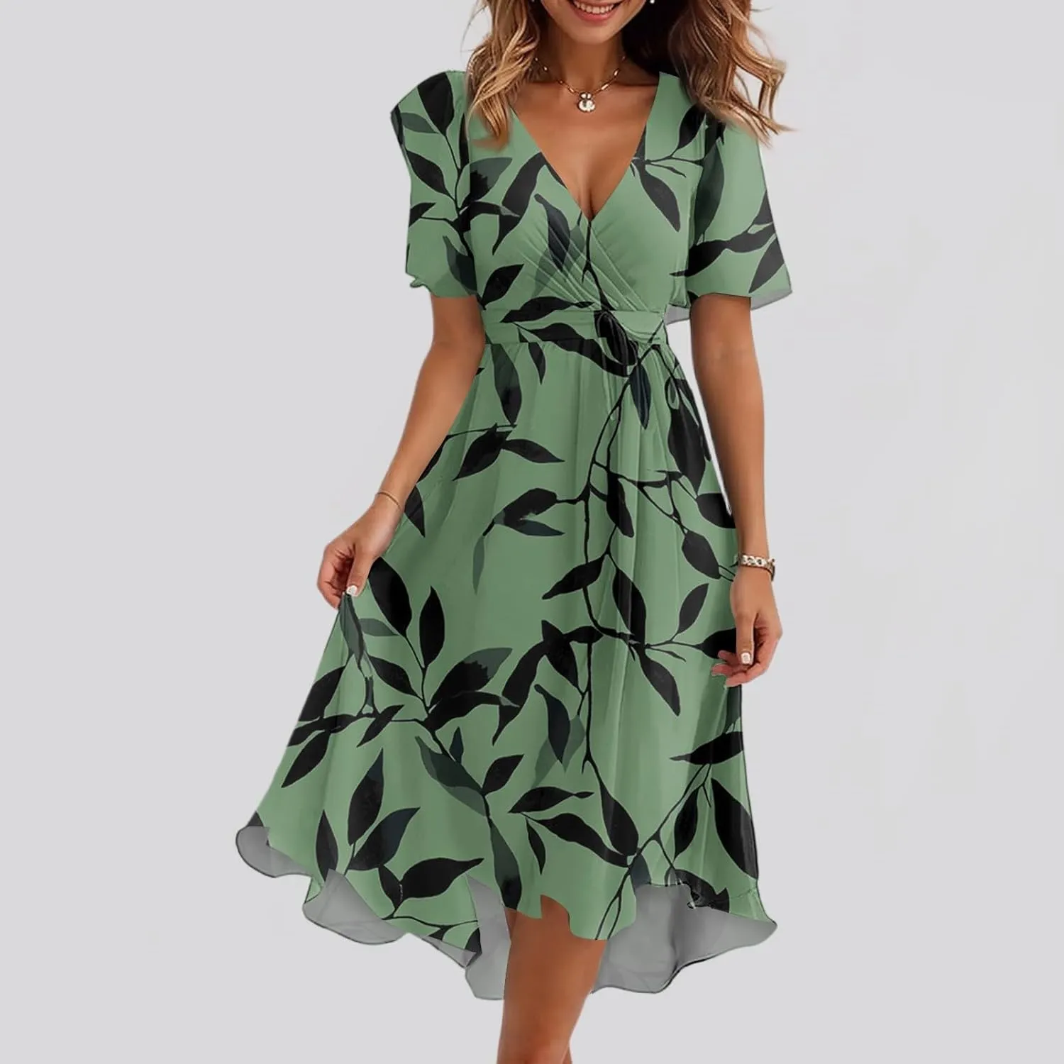 Womens Boho Floral Printed Chiffon Dresses 2025 Elegant V Neck Belted Summer Wedding Prom Cocktail Midi Dress