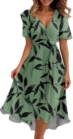 Womens Boho Floral Printed Chiffon Dresses 2025 Elegant V Neck Belted Summer Wedding Prom Cocktail Midi Dress