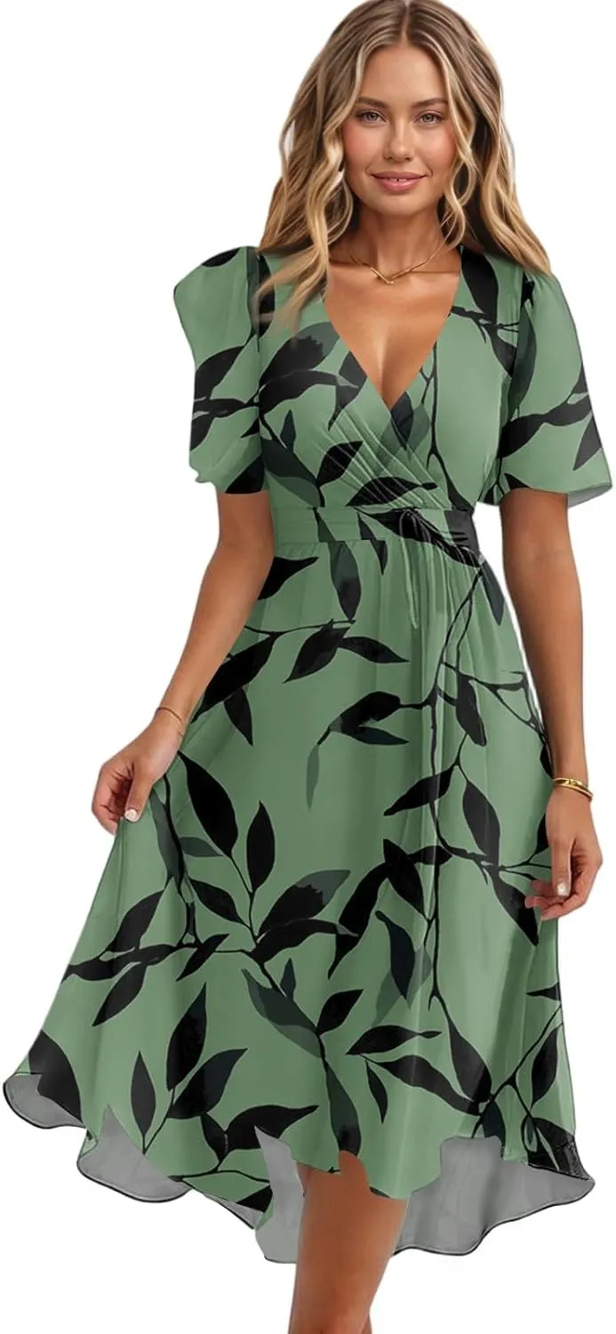 Womens Boho Floral Printed Chiffon Dresses 2025 Elegant V Neck Belted Summer Wedding Prom Cocktail Midi Dress