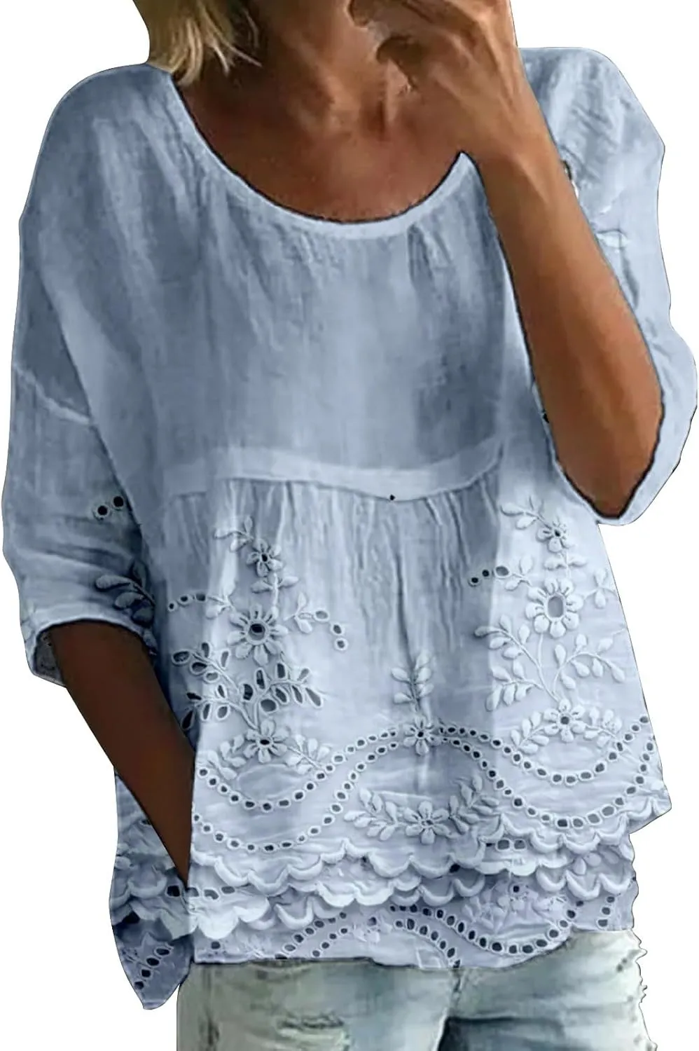 Womens Boho Peasant Tops 3/4 Sleeve Floral Print Round Neck Tee Tunic Shirt Summer Trendy Loose Fit Causal Blouses