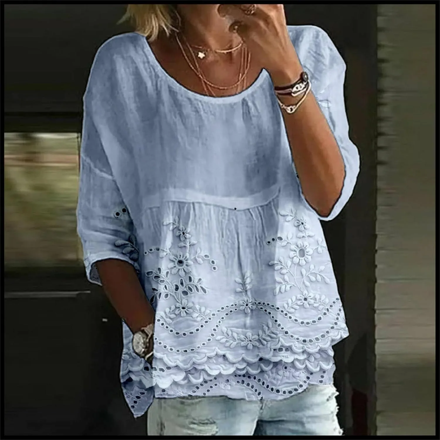 Womens Boho Peasant Tops 3/4 Sleeve Floral Print Round Neck Tee Tunic Shirt Summer Trendy Loose Fit Causal Blouses