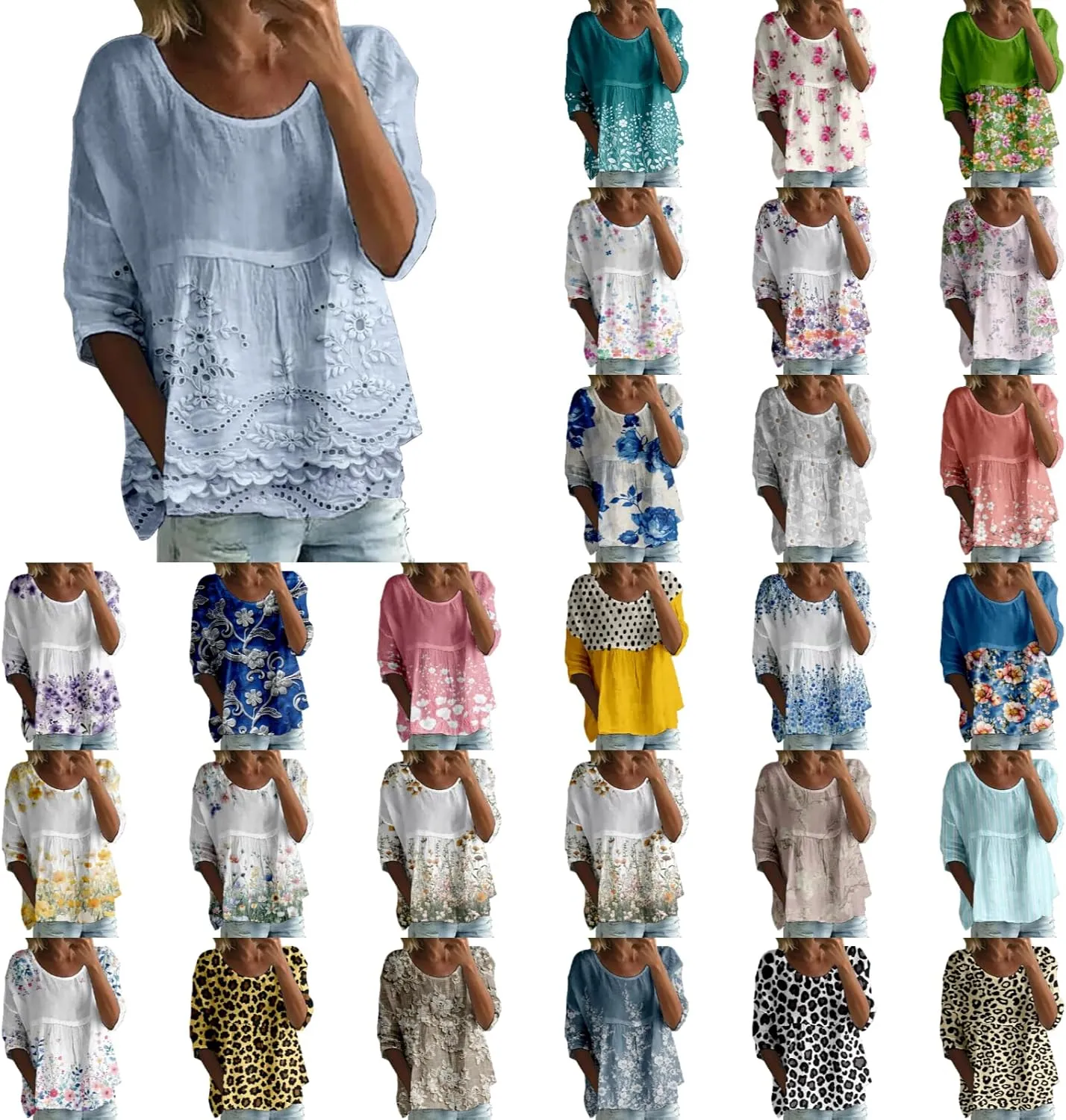 Womens Boho Peasant Tops 3/4 Sleeve Floral Print Round Neck Tee Tunic Shirt Summer Trendy Loose Fit Causal Blouses
