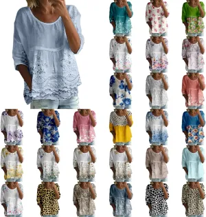 Womens Boho Peasant Tops 3/4 Sleeve Floral Print Round Neck Tee Tunic Shirt Summer Trendy Loose Fit Causal Blouses