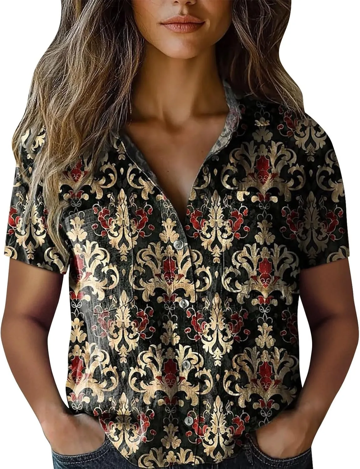 Womens Button Down Linen Shirt Boho Floral Print Shirt Casual Short Sleeve with Pockets V Neck Collared Tops Fashion 2025