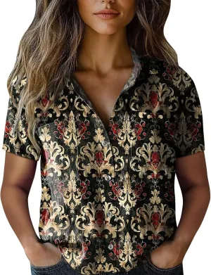 Womens Button Down Linen Shirt Boho Floral Print Shirt Casual Short Sleeve with Pockets V Neck Collared Tops Fashion 2025