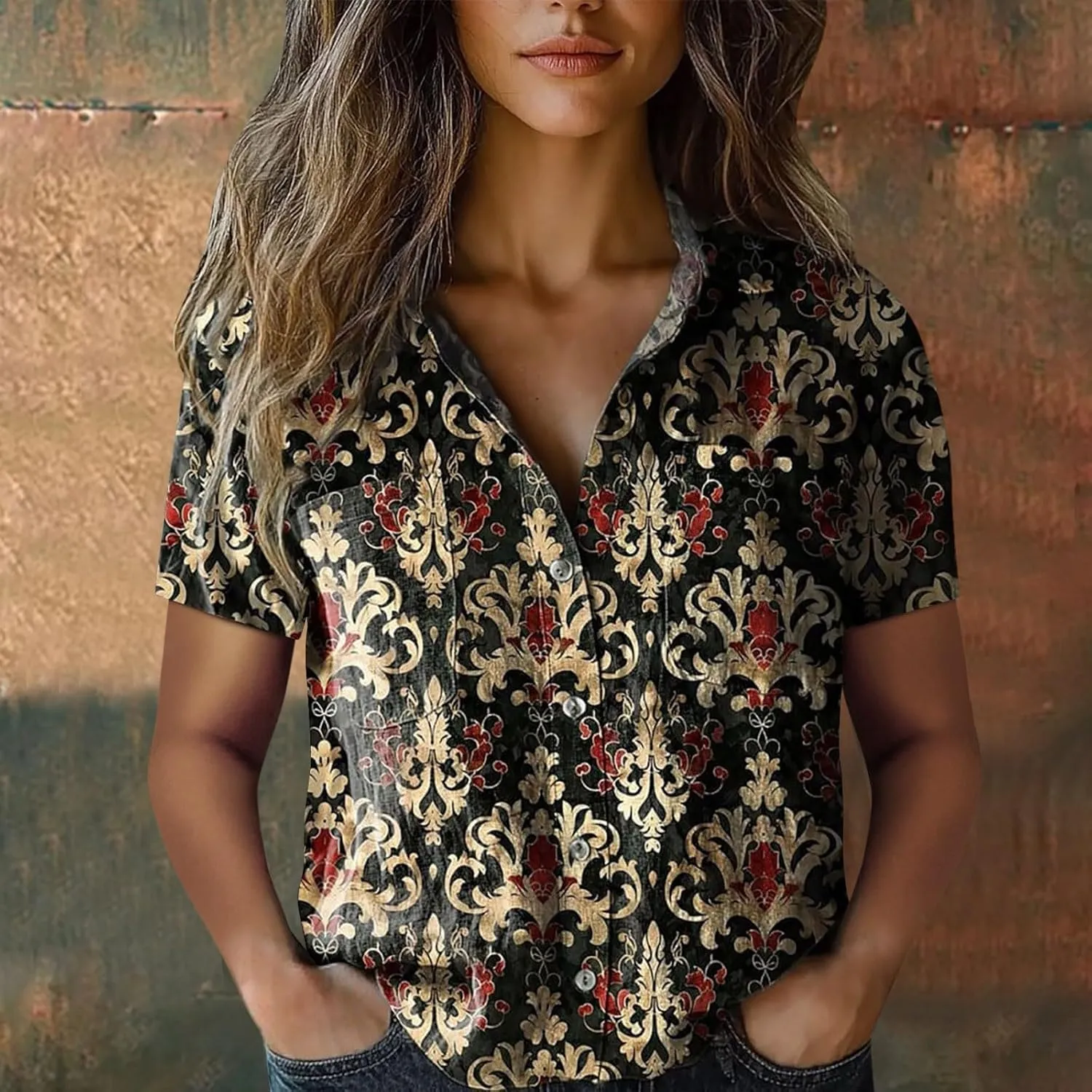 Womens Button Down Linen Shirt Boho Floral Print Shirt Casual Short Sleeve with Pockets V Neck Collared Tops Fashion 2025