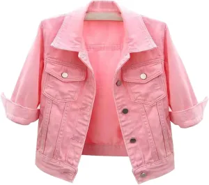 Women's Cropped Denim Jacket Plus Size Distressed Washed Button Down Long Sleeve Jean Trucker Jacket with Pockets