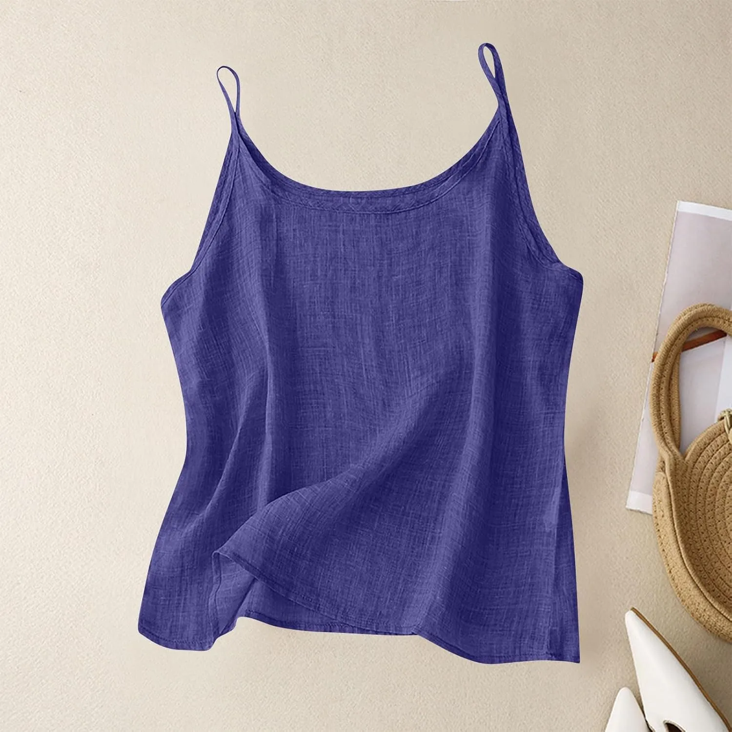 Womens Linen Tank Top Sleeveless Spaghetti Strap Top Casual Solid Color Tops Dressy Fashion Tops Summer Flowy Tank Top